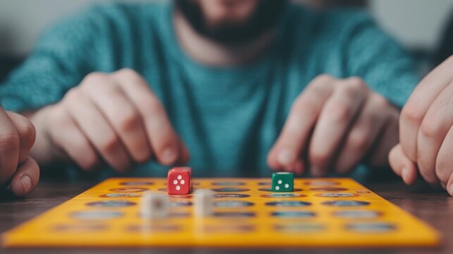 A person playing a board game, rolling dice on a yellow game board with focused hands in the frame.