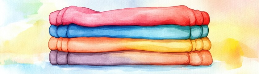 A colorful stack of folded towels painted in a soft, watercolor style.