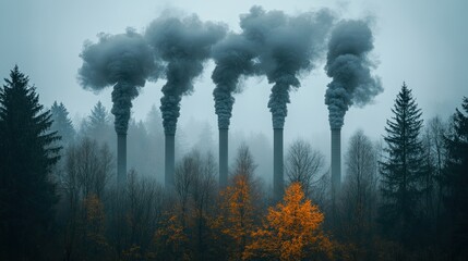 Industrial Smokestacks with Autumn Forest.
