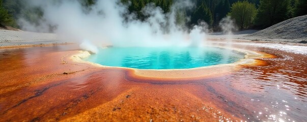 Steaming geothermal hot spring water flows over colorful rocks, creating a vibrant and tranquil scene Perfect for travel, nature, and wellness themes , hydrothermal, springs, hot water