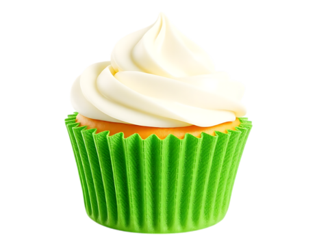 Delicious cupcake with creamy frosting in a green wrapper