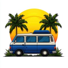 Pixel art illustration of a blue and white camper van parked between two palm trees at sunset. The van has a roof rack and is depicted in a retro