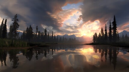 Obraz premium Serene lake reflecting stunning sunset scenery