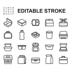 Lunch box icons collection. Thin line style vector. Contains icons of various shapes of lunch boxes.