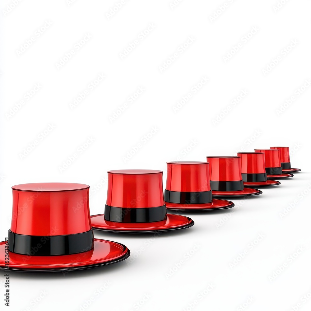 Poster a row of red top hats with black bands on a white background. the hats are arranged in a diagonal li