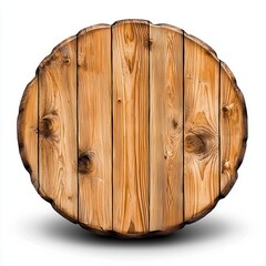 Round wooden slice with visible wood grain and texture, isolated on white background. Light brown and beige tones. Rustic and natural look