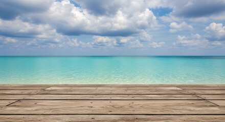 Naklejka premium Tranquil Ocean View from Wooden Deck