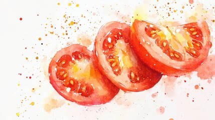 Three juicy tomato slices painted in vibrant watercolor style with colorful splashes on a white background.