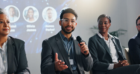 Seminar, speaker and panel of people on stage for discussion, conference FAQ and presentation....