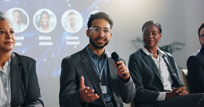 Fototapeta Seminar, speaker and panel of people on stage for discussion, conference FAQ and presentation. Business summit, innovation expo and men with women with mic for tradeshow, event and convention