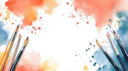 Fototapeta premium Artistic paintbrushes frame a vibrant watercolor splash background with space in the center for creative content.