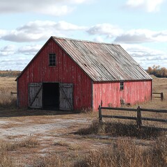 Rustic red barn stands in a dry, autumnal field under a cloudy sky. Open double doors and weathered wood add to its aged charm. A simple wooden fence