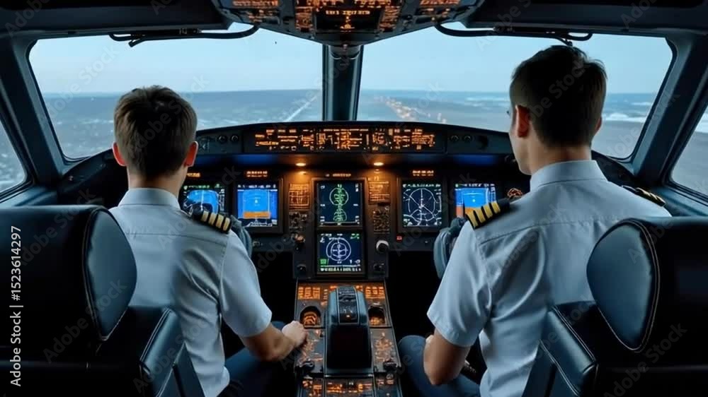 Poster the image shows two pilots in a cockpit, engaged in conversation, with control panels and screens il