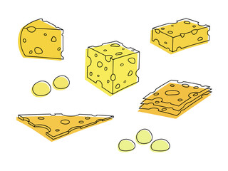 Cheese, vector illustration of a set of yellow cheese pieces in a hole of different varieties, isolated on white, flat design. Dairy product, food, ingredient for decoration, labels, design