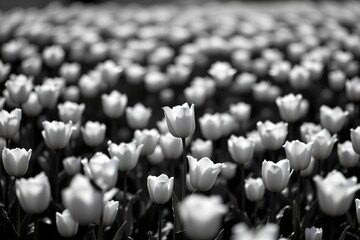Fototapeta premium monochrome silhouette of a tulip field with a single white flower.