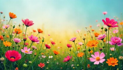 Fototapeta premium Vibrant abstract field of wildflowers in full bloom, perfect for website backgrounds or presentations Stunning colors and textures ideal for nature-themed projects , red, landscape, spring