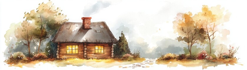 Cozy log cabin surrounded by autumn trees, glowing with warm light, painted in a soft watercolor style.