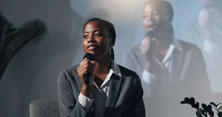 Stage, presenter and woman with mic, talking and smile for public speaking in seminar or...