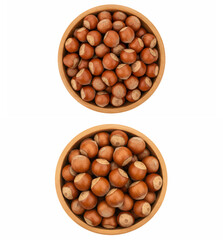 Bowls of Whole Hazelnuts / Top View of Hazelnuts in Wooden Bowls