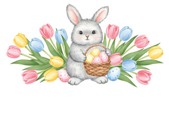 Cute Easter Bunny with Basket of Eggs and Tulips / Spring Easter Illustration