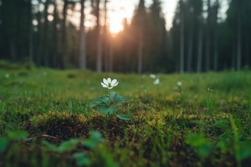 White flower in green field at sunset nature photography