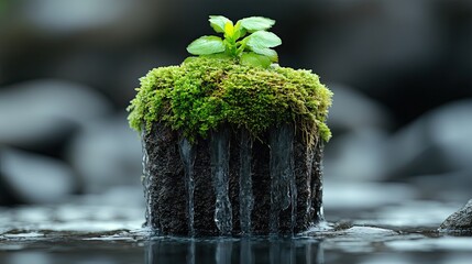Tiny Plant with Moss, Waterfall, and Nature.