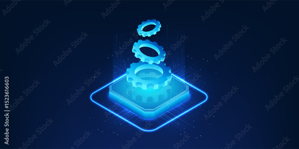 Poster artificial intelligence technology, the microchip on top is a cog, the working of the brain system d