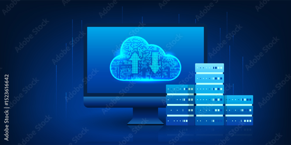 Poster cloud technology displayed on a computer screen with a connection to a server, represents a real-tim