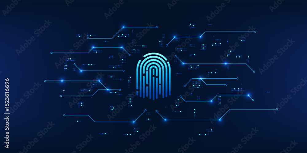 Poster cybersecurity technology, fingerprint connected to the technology circuit, conveys biometric authent