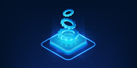 Artificial intelligence technology, the microchip on top is a cog, the working of the brain system driven by intelligent processes and logical mechanisms for decision making and data analysis.