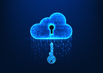 Cloud technology with key is about to be inserted, showing the security of data in the cloud and controlling the access of users to upload data and steal data, safe for business.
