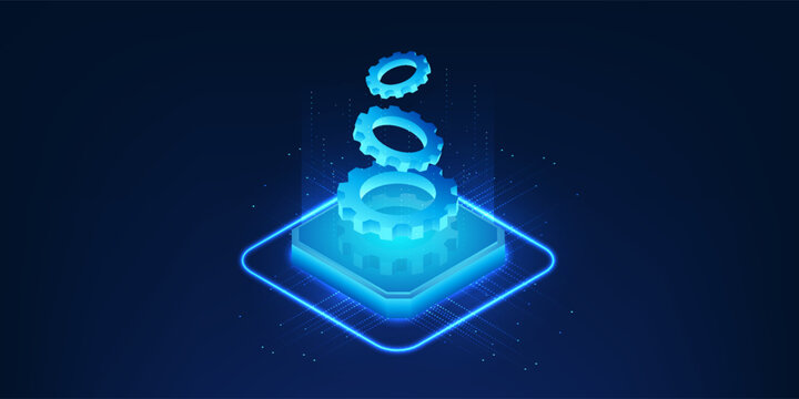 Artificial intelligence technology, the microchip on top is a cog, the working of the brain system driven by intelligent processes and logical mechanisms for decision making and data analysis.