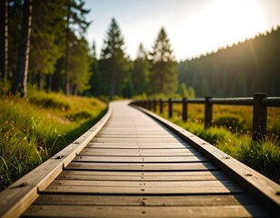 Obraz premium Serene Wooden Pathway Through Lush Green Forest Tranquil Nature Walk