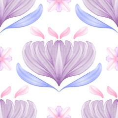 Fototapeta premium Watercolor purple flower with paper texture seamless pattern.Folk art, traditional Mediterranean decorative.Floral illustration style with isolate background.Scandinavian folk design.Hand drawn not Ai