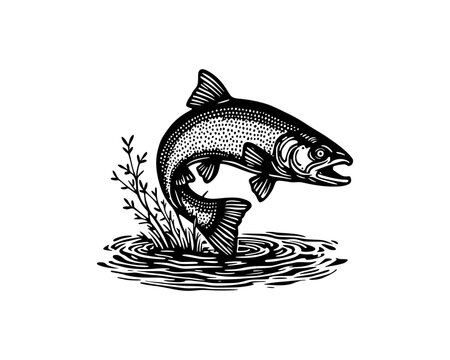 woodcut linocut engraving black ink print style illustration of a jumping trout carp fish over a water

