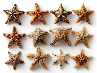 An assortment of colorful starfish are artistically arranged on a bright white background for display purposes.