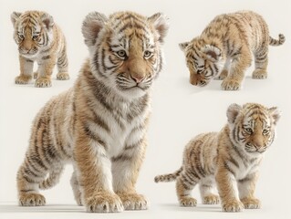 Fototapeta premium Four adorable tiger cubs are posing and walking with their soft fur showcased in a bright environment.