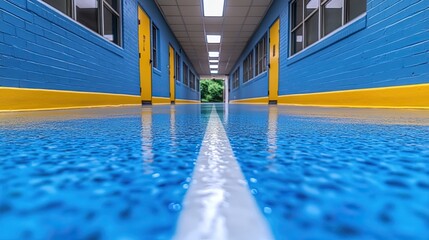School hallway with blue floor, and bright.