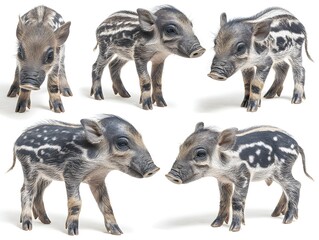 Obraz premium Five adorable wild boar piglets, with brown stripes and spots, pose on a white background for a collage.