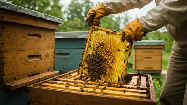 Collecting honey from beehive frame outdoors