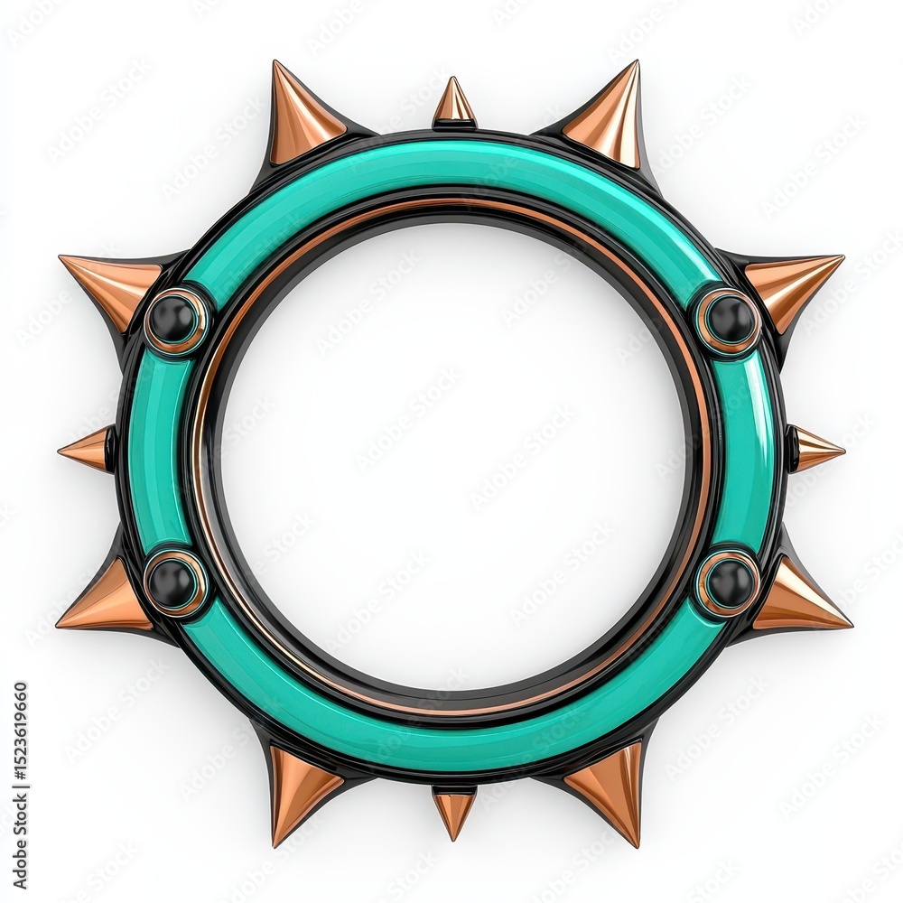 Fototapete Teal and copper circular frame with sharp spikes, isolated on white background. 3D render