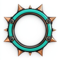 Obraz premium Teal and copper circular frame with sharp spikes, isolated on white background. 3D render