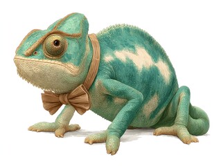 Obraz premium A charming chameleon dressed in a bow tie poses elegantly against a clean white studio backdrop today for picture.