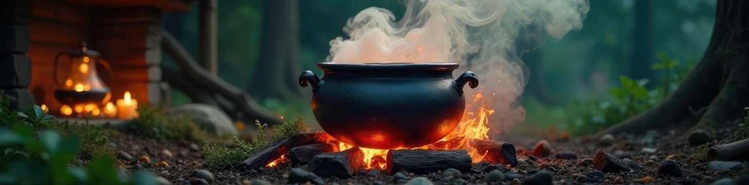A bubbling cauldron over a crackling fire, steam rising amidst mystical herbs and glowing embers, creating an eerie yet enchanting scene of witchy brewing , spooky, shadows