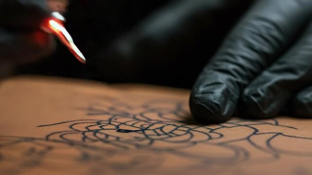 Tattoo artist working on detailed black design