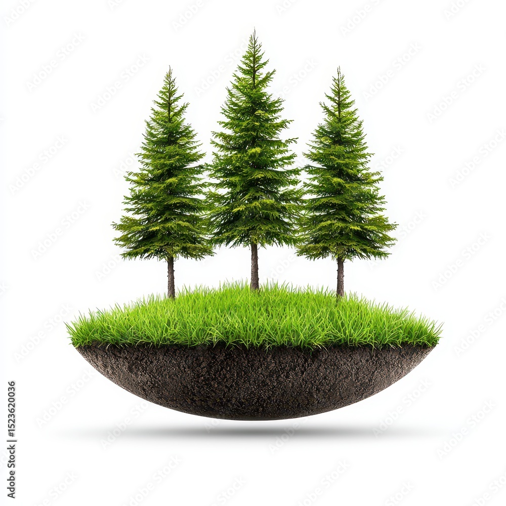 Poster three lush green evergreen trees on a small floating island of grass and soil against a white backgr