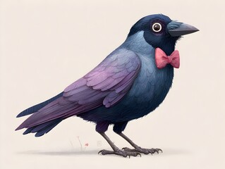 Fototapeta premium A charming cartoon crow with blue feathers and a pink bow tie stands against a light background color.