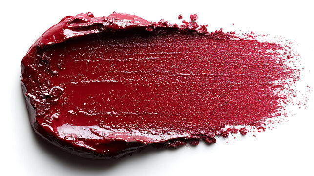 Deep red lipstick smear texture on white background displaying vibrant color and richness of formula