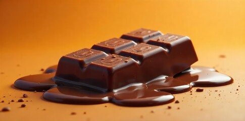 A hilarious scene of a chocolate bar dramatically melting in the sun, creating a comical, gooey mess Perfect for summer, dessert, and humorous food imagery , happy, chocolate melt, brown