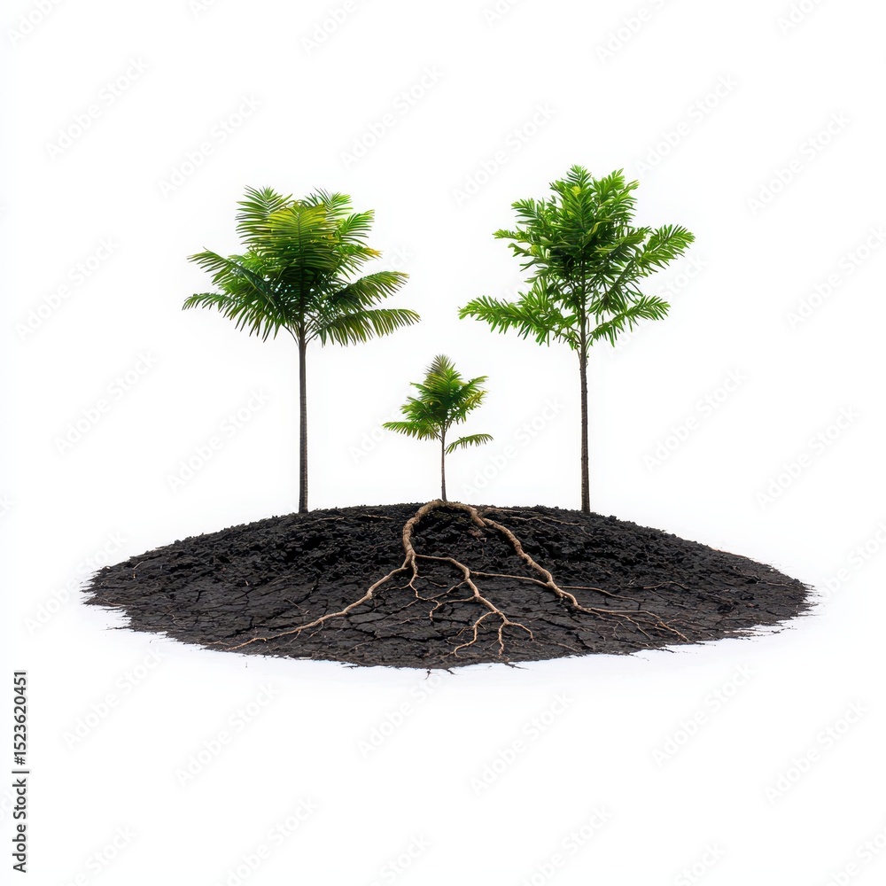 Poster three small trees with visible roots growing from a small pile of dark soil against a white backgrou